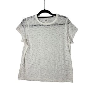 Aerie Women White Floral Lace Short Sleeve Crew Neck Sheer T-Shirt Top Large